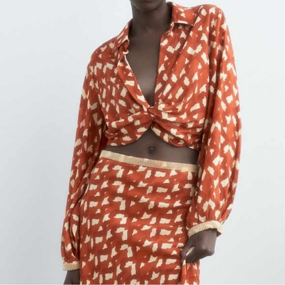 Zara Linen Blend Beaded Cuffed Sleeves Open Front Collared Women's Top Sz S NWT - Picture 3 of 10